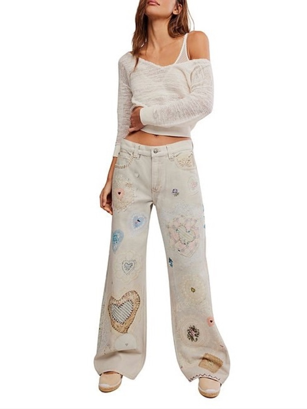 Free People Cream Straight-Leg Heart Patch Jeans - Picture 4 of 12